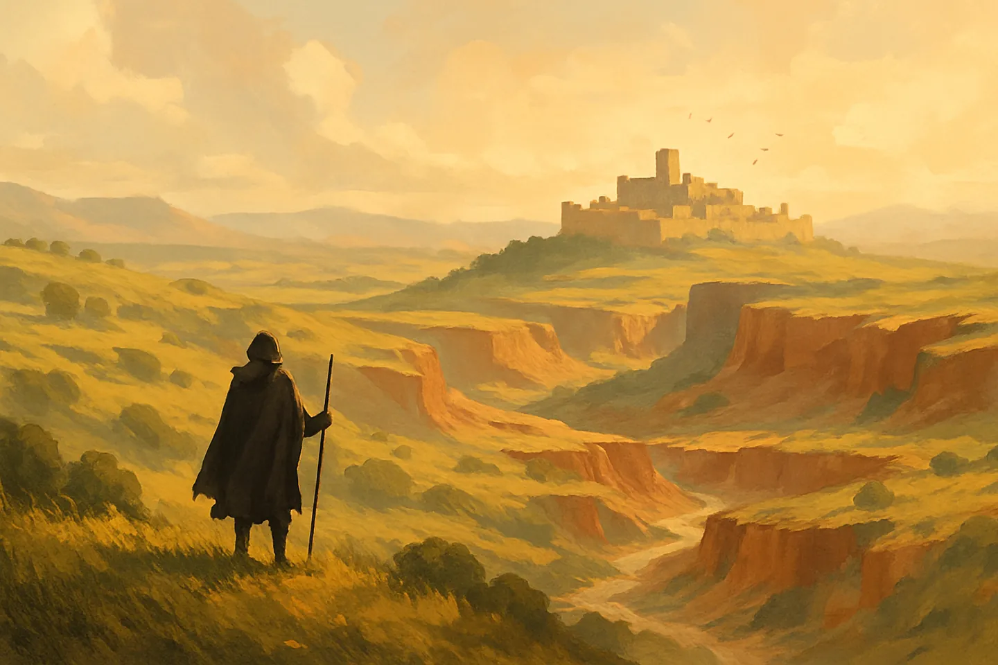 A cloaked traveller on a ridge above olive hills and terracotta canyons at golden hour