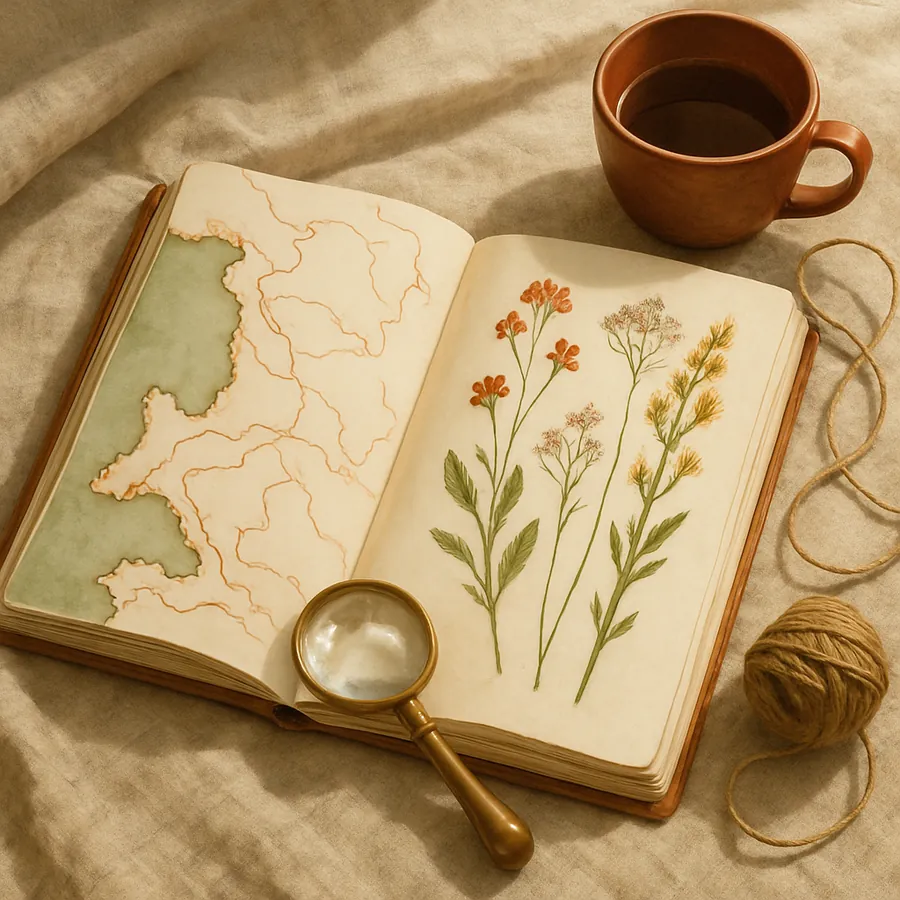 An open traveller journal with a hand drawn map, pressed flowers and a brass magnifier